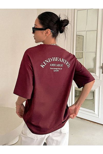 Trendseninle Tricou supradimensionat cu imprimeu Kind Hearted Burgundy de damă