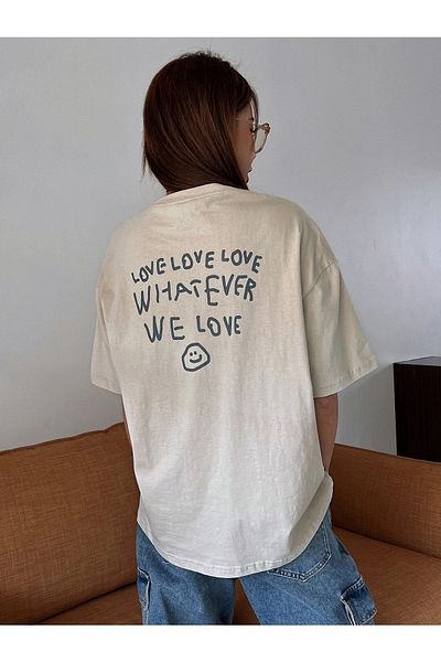 Trendseninle Γυναικείο μπλουζάκι σε μπεζ Love Love Love με στάμπα Oversize