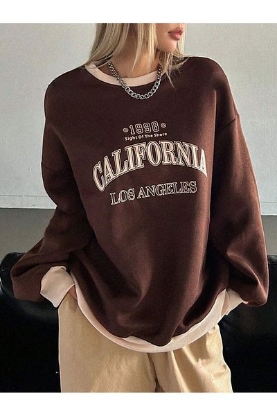 Trendseninle Brown California Printed Oversize Sweatshirt - Crew Neck, Beige Collar Detail