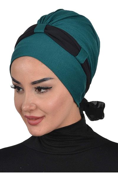 Ayşe Tasarım غطاء رأس من القطن الممشط باللونين الأخضر والأسود مع حزام من الشيفون - B-24