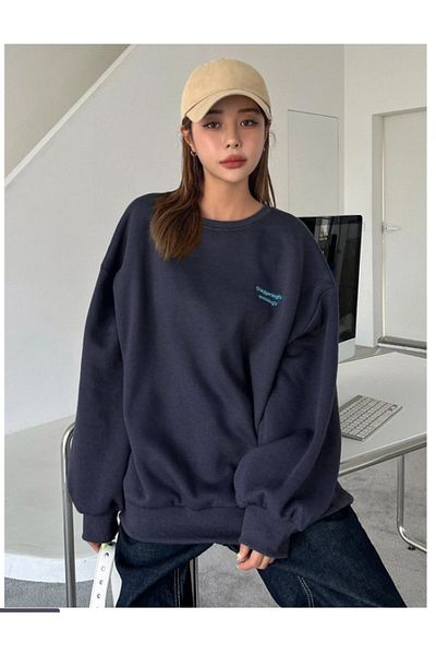 Trendseninle Γυναικείο φούτερ Navy Blue Staggertly με στάμπα με λαιμόκοψη