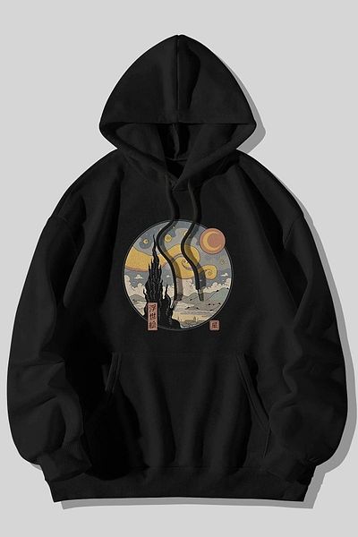 Trendseninle Φούτερ με κουκούλα με κουκούλα Starry Night Printed Unisex Μαύρο καγκουρό με κουκούλα