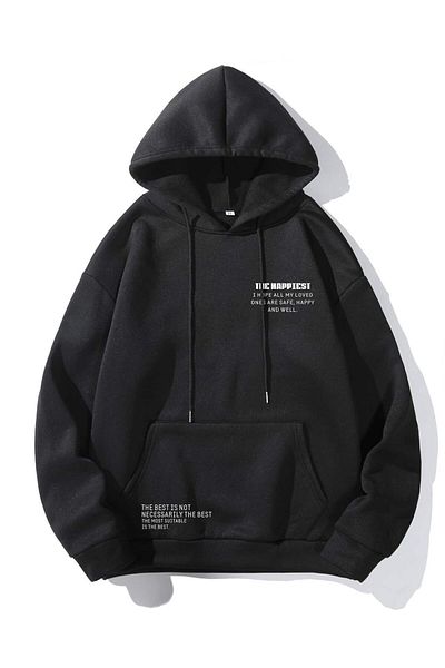Trendseninle Unisex Μαύρο Το πιο χαρούμενο φούτερ με στάμπα με κουκούλα