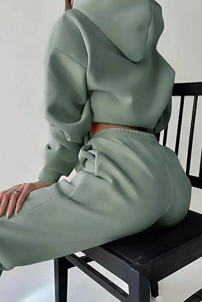 Trendseninle Kadın 3 Iplik Su Yeşili Olso Baskılı Kapüşonlu Alt Üst Eşofman Takım