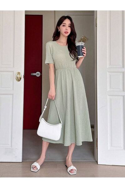 Trendseninle Green Wrap Detail Short Sleeve Midi Dress