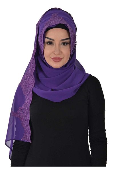 Ayşe Tasarım Special Design Front Lace Embroidered Practical Chiffon Shawl, Purple, Ps-25