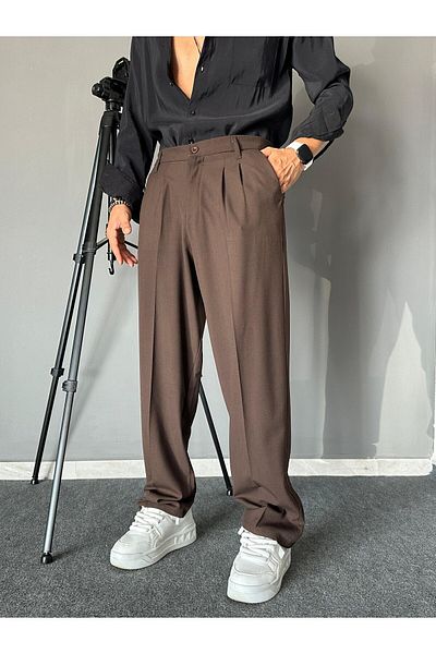 THEMANN Brown Baggy Style Pleated Pipe Leg Trousers