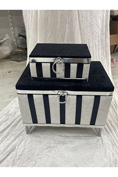Nima Çeyiz Sandık 2li Çeyiz ve Nişan Sandığı Seti Siyah Beyaz