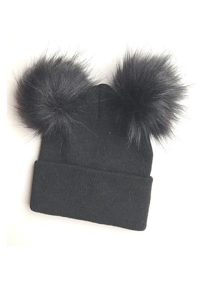 Asa Bebek Çocuk Unisex Baby Knitwear Beanie with Fur Pompom - Black