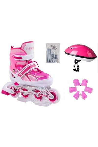 Asya Oyuncak Double Row Adjustable Lighted 2+1 Practice Skating Knee Pad Set Helmet Pink 38-41