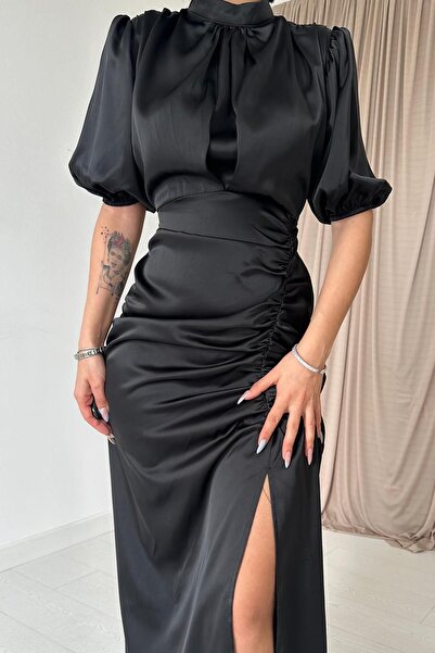 SEREN TEKSTİL Σατέν Μαζευμένο Φόρεμα