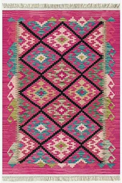 kilim home Cotton Rug 61 Fuchsia Traditional Motifs Modern Decorative Fringed...