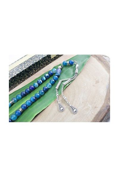 RD EKOAVM Double Tassel Drop Tip Globe Cut 8 Mm Rosary with Veins Blue Agate Rosary Rdt2160