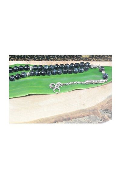 RD EKOAVM Single Tassel Three Crescent Tip Globe Cut 8mm Rosary Black Tiger Eye Rosary Rdt2200