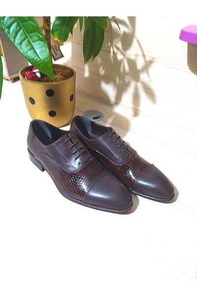 İnciden Pearl Dark Brown Crocodile Print Neolite Sole Men's Lace-Up Classic Shoes Suitable for 4 Seasons
