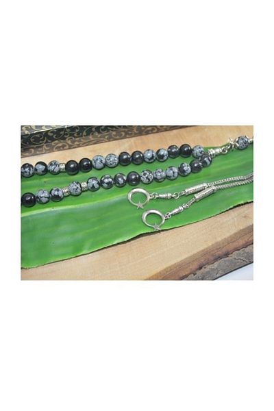 RD EKOAVM Double Tassel Moon Star Tip Globe Cut 8 Mm Rosary Gray Obsidian Rosary Rdt2297