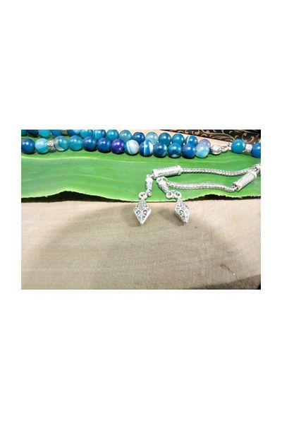 RD EKOAVM 8 Mm Blue Agate Rosary - Double Tassel, Tile Tip, Globe Cut, Veined Rdt2161