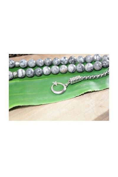 RD EKOAVM Single Tassel Moon Star Tip Globe Cut 8 Mm Rosary with Veins Gray Agate Rosary Rdt2092