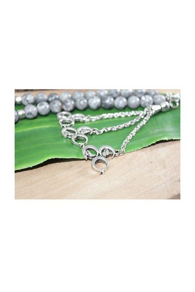 RD EKOAVM Three Tassel Three Crescent Tip Globe Cut 8 Mm Rosary Gray Agate Rosary with Veins Rdt2107