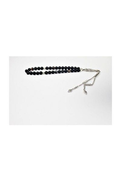 RD EKOAVM Double Tassel Tile Ended Globe Cut Rosary 8 Mm Black Veined Agate Rosary Rdt12151