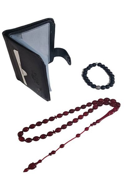 RD EKOAVM Leather Card Holder Wallet, Barley Cut Rosary and Natural Stone Bracelet Set of 3