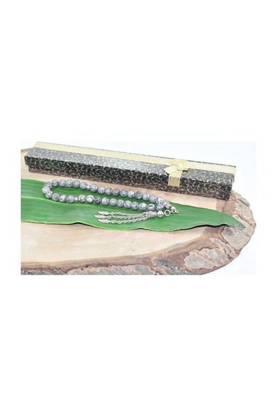 RD EKOAVM Three Tassel Leaf Tip Globe Cut 8 mm Rosary Gray Agate Rosary with Veins Rdt2108