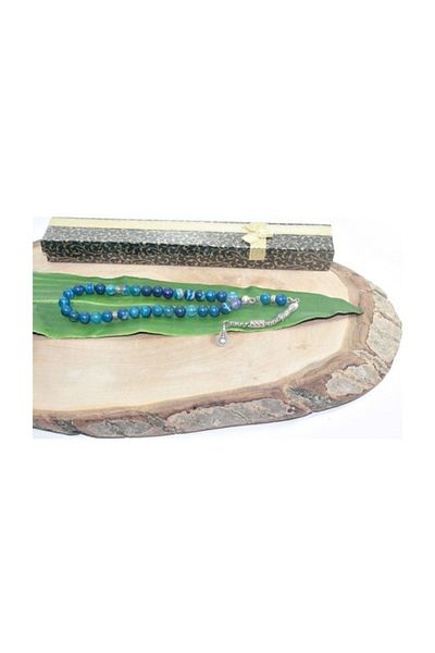 RD EKOAVM 8 mm Blue Rosary - Single Tassel, Drop Tip, Globe Cut and Veined Agate Rosary Rdt2155