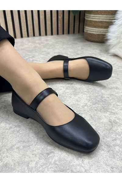 Nstil Daily Women's Black Ballerinas Oval Toe Low Heel Buckle Light Comfortable Shoes M-506
