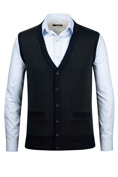 Çizgi Triko Tricotaj pentru bărbați, cu decolteu în V, vestă bleumarin, cu bu...