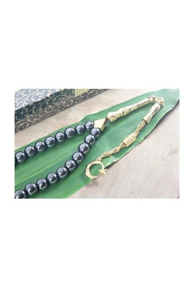 RD EKOAVM Men's Gold Plated Single Tassel Moon Star Tip Globe Cut 8 mm Hematite Rosary Rdt2169