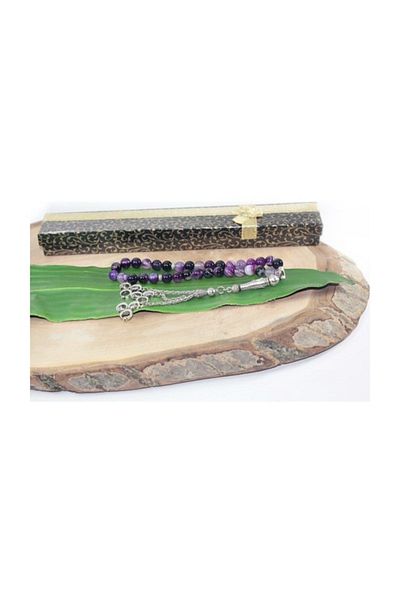RD EKOAVM 8 Mm Globe Cut Rosary - Three Tassels and Three Crescent, Veined, Purple Agate Rdt2090