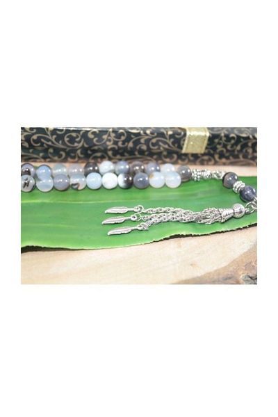 RD EKOAVM Three Tassel Moon Star Ended Globe Cut 8mm Rosary Vesseled Smoke Agate Stone Rosary Rdt2194