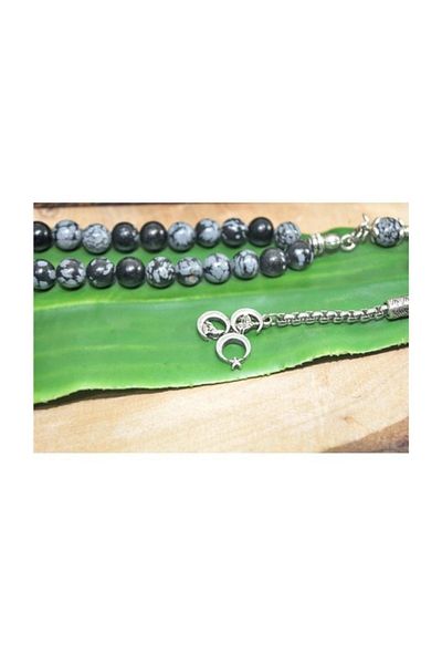 RD EKOAVM Single Tassel Three Crescent Tip Globe Cut 8 Mm Rosary Gray Obsidian Rosary Rdt2292