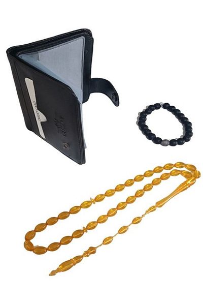 RD EKOAVM Leather Card Holder Wallet, Barley Cut Rosary and Natural Stone Bracelet Set of 3
