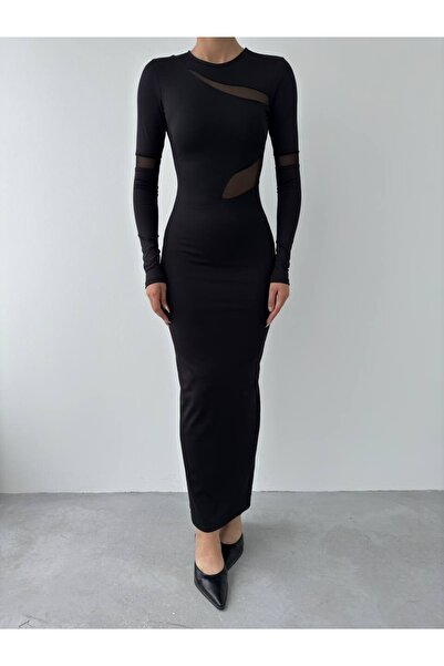 Buklemoda Siyah Tül Detaylı Elbise