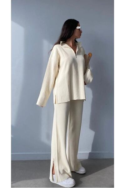 NZL TEKSTİL Women's Ribbed Neck Zippered Leg Slit Front Zippered Knitwear Set