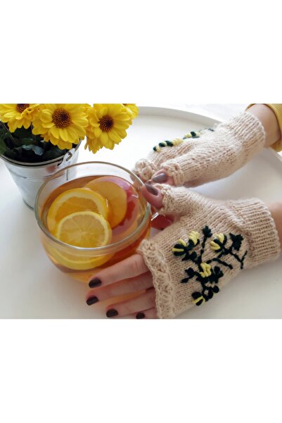 El örgüsü Parmaksız Çiçek İşlemeli Kadın Eldiven, El Örgüsü eldiven , Tığ işi eldive