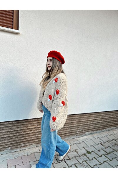 mihal boutique Sütlü Kahve Mantar Motifli El Örgüsü Hırka