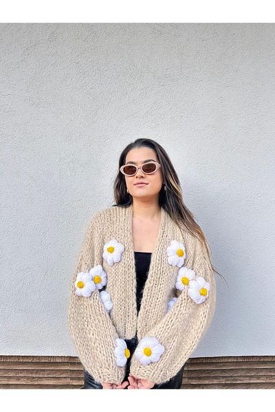 mihal boutique Cardigan cu flori de cafea cu lapte pentru femei