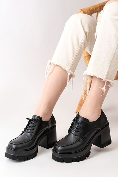 asmi shoes Pantofi cu platformă cu toc de 8 cm, piele neagră, cu șireturi