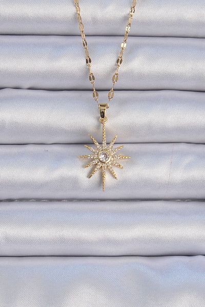 Moka Shopin Mokashopin 316L Steel Chain Gold Color Zircon Jewelled Polar Star Necklace