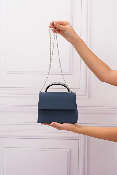 ROZA CANTA Navy Blue Satin Women's Evening Dress - Shoulder Bag with Stone Detail