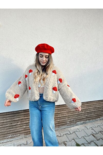 mihal boutique Sütlü Kahve Mantar Motifli El Örgüsü Hırka