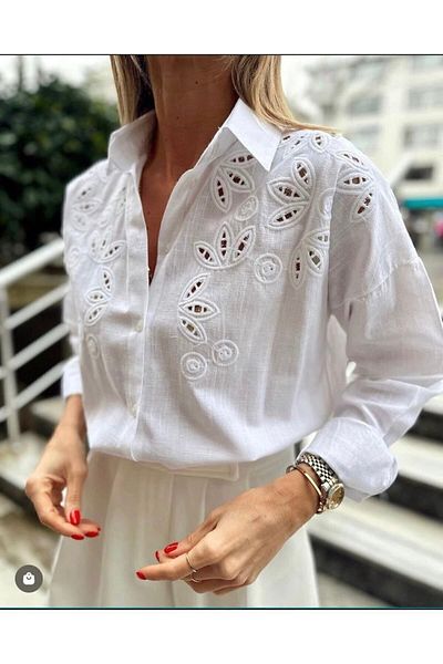 laughs Women's White Scalloped Long Sleeve Linen Look Shirt De3210