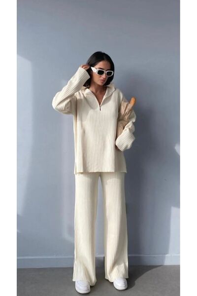 NZL TEKSTİL Women's Ribbed Neck Zippered Leg Slit Front Zippered Knitwear Set