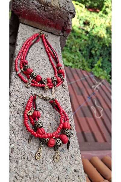 azra takı tasarım Red Claret Red Authentic Bohemian Women's Necklace and Bracelet Set