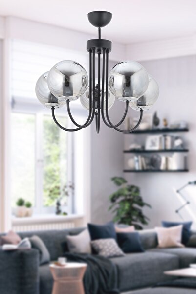 Genel Markalar 5'li Siyah Füme Top Camlı Modern Avize Seti