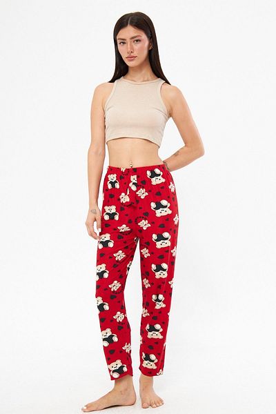 Oyga Red Teddy Bear Patterned Cotton-Suede Velvet Pajama Bottoms