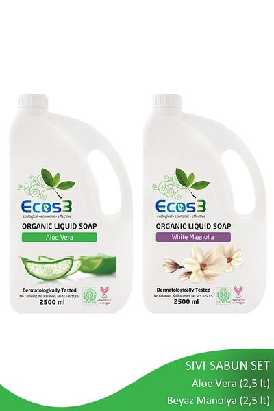 Ecos3 Advantageous Liquid Soap Set, Organic & Vegan Certified, White Magnolia, Aloe Vera, 2 x 2500ml