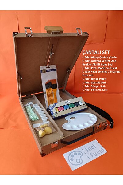 İNCİ TUVAL Ahşap Çantalı Şövale Tuval Akrilik Boya ve Fırça Resim Malzemeleri Seti Karma